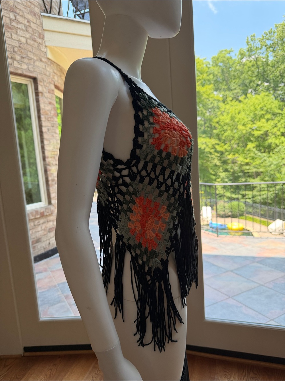 Boho Crochet Fringe Tank Top - Black with Coral & Sage - Picture 2 of 7